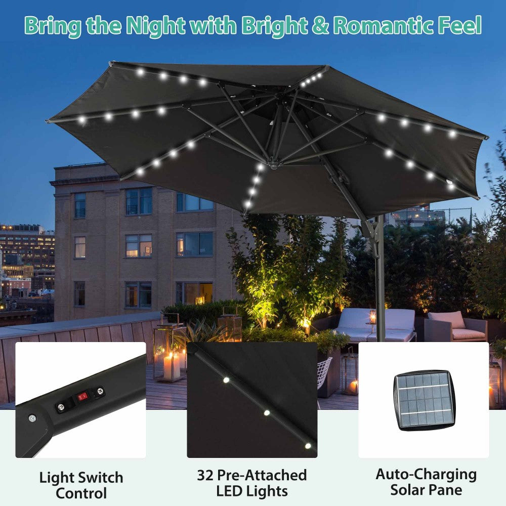 Ainfox 10ft Double Top Heavy-Duty Patio Cantilever Umbrella with lights and Cross Base,5-Year-Non-Fading Outdoor Large Offset Hanging Aluminum Rotation Sun Shade Solar Umbrella