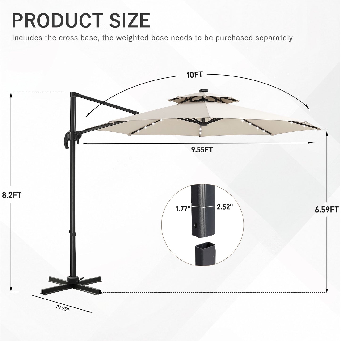 Ainfox 10ft Double Top Heavy-Duty Patio Cantilever Umbrella with lights and Cross Base, Outdoor Large Offset Hanging Aluminum Rotation Sun Shade Solar Umbrella with 360°Rotation Adjustable, Beige
