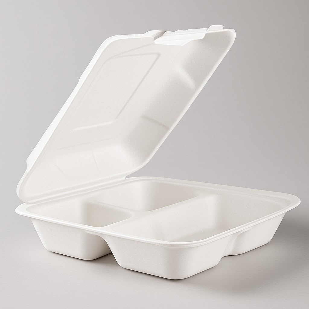 9-inch Foam Food Container, 3-Compartment Disposable Plates with U-Vent Style Lids, 100-Pack, Takeout Food Boxes for Meal Prep, Restaurant, Catering, To-Go Containers.
