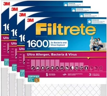 Filtrete Ultra Allergen 2X Bacteria & Virus Filter (1600 MPR), 20x25x1 (4 Pack)