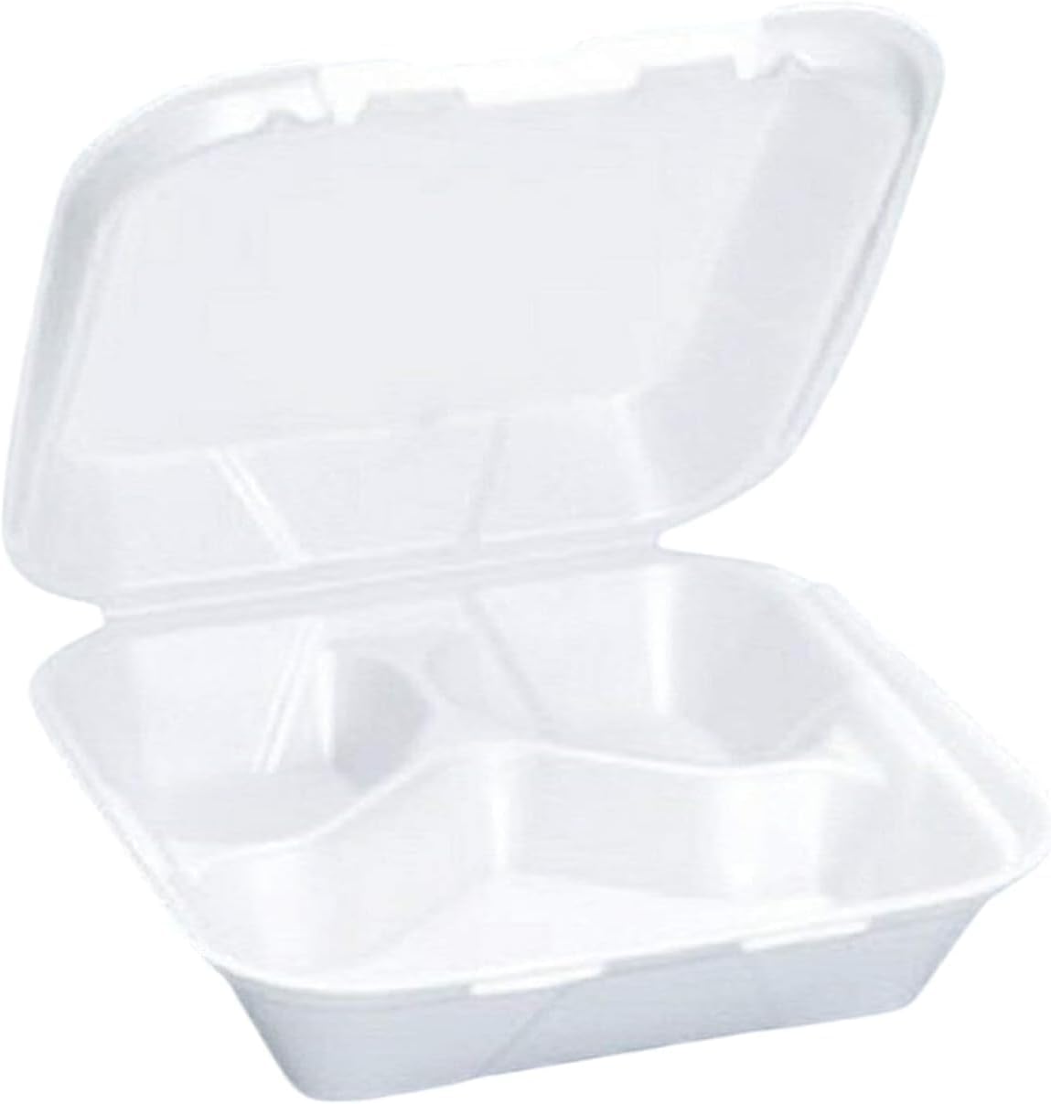 9-inch Foam Food Container, 3-Compartment Disposable Plates with U-Vent Style Lids, 100-Pack, Takeout Food Boxes for Meal Prep, Restaurant, Catering, To-Go Containers.