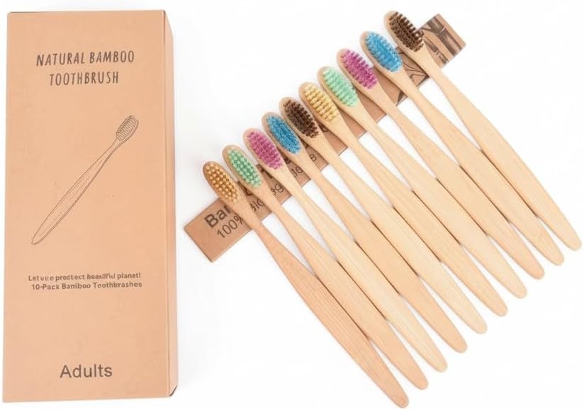 Natural Bamboo Toothbrushes, Colorful Soft Bristles, Manual, Adult, 10 Pack