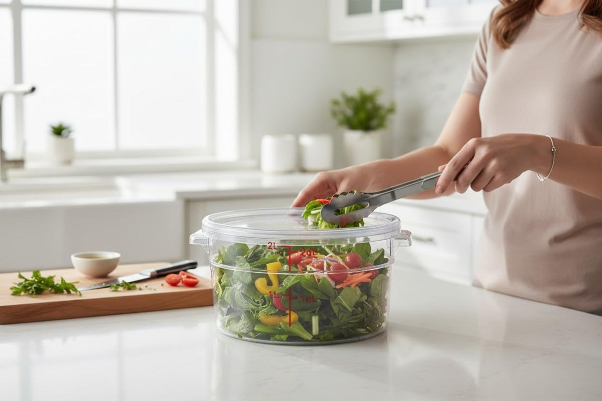 Round Polycarbonate Food Storage Container with Lid, Clear, 2 Qt, Stackable, Measurement Markings