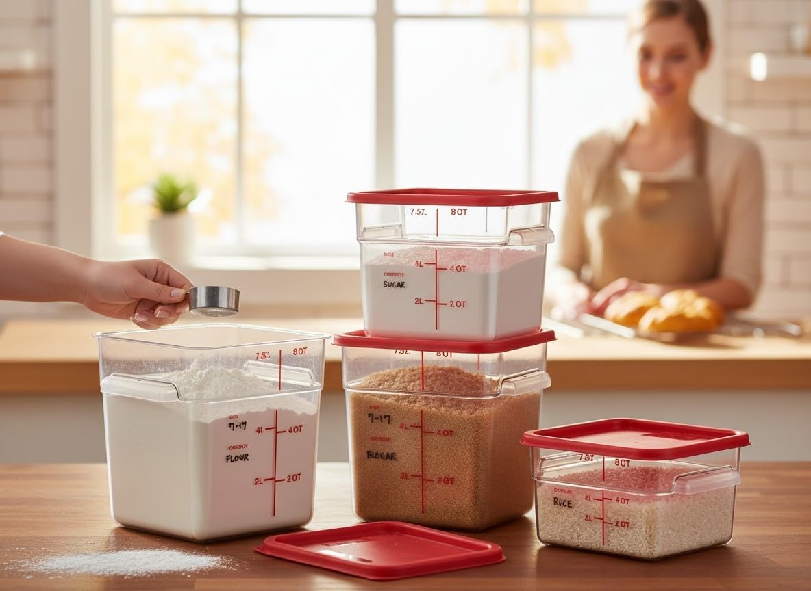 Stacked filled food containers on a kitchen counter