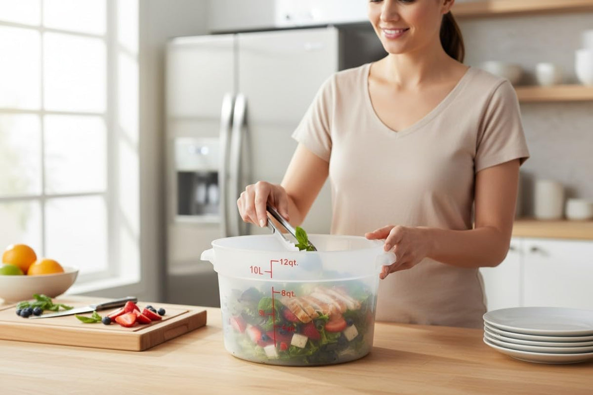 12 Qt. Round Food Storage Container, Translucent White, Polypropylene, with Measurement Markings