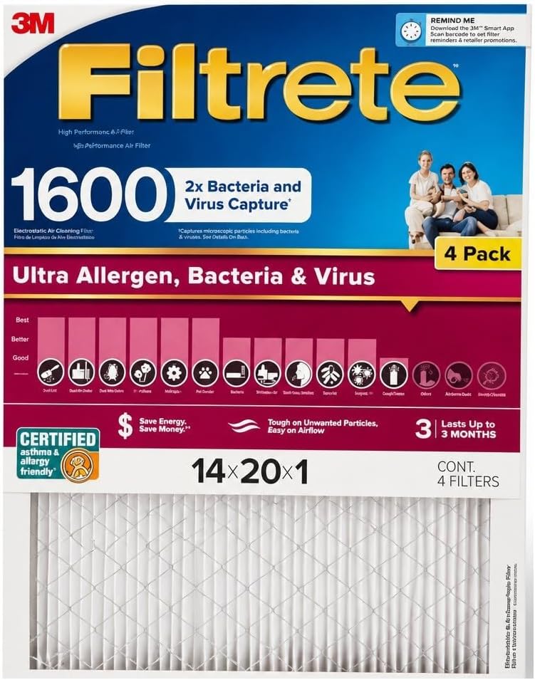 Filtrete Allergen MPR 1600 2X Bacteria and Virus Capture, 14x20x1 (4 Pack)