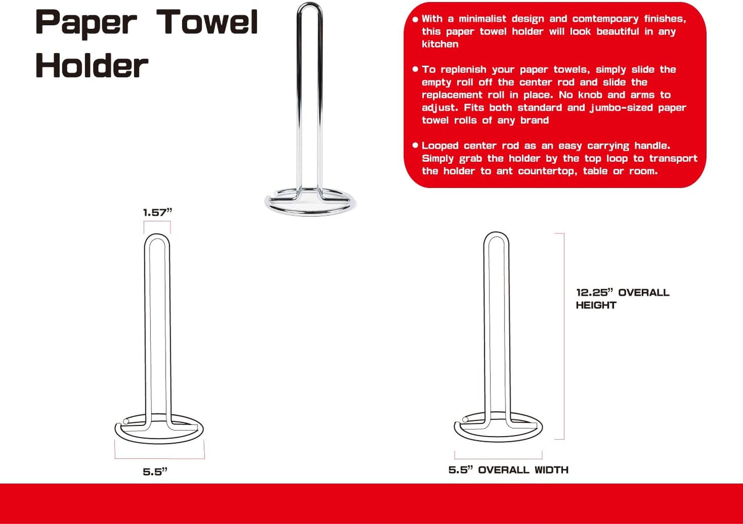 FitWell Paper Towel Holder for Kitchen Countertops, Bars & Dining Tables Steel Paper Towel Stand, Fits Standard & Jumbo Rolls, 1 Count