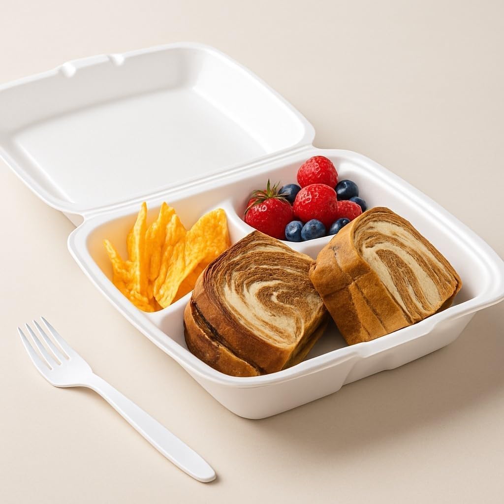 9-inch Foam Food Container, 3-Compartment Disposable Plates with U-Vent Style Lids, 100-Pack, Takeout Food Boxes for Meal Prep, Restaurant, Catering, To-Go Containers.