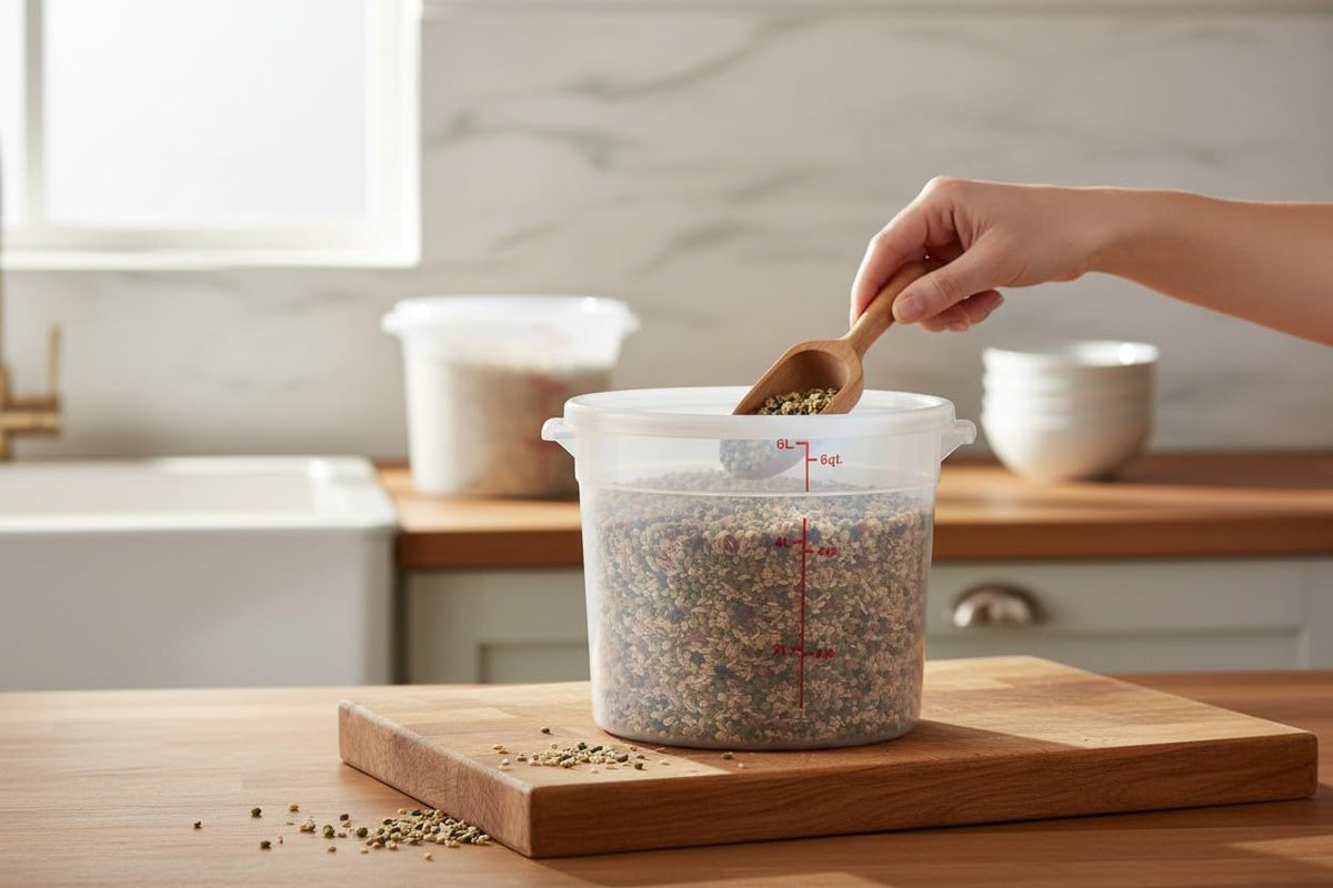 Dry ingredients being scooped from a translucent round food container