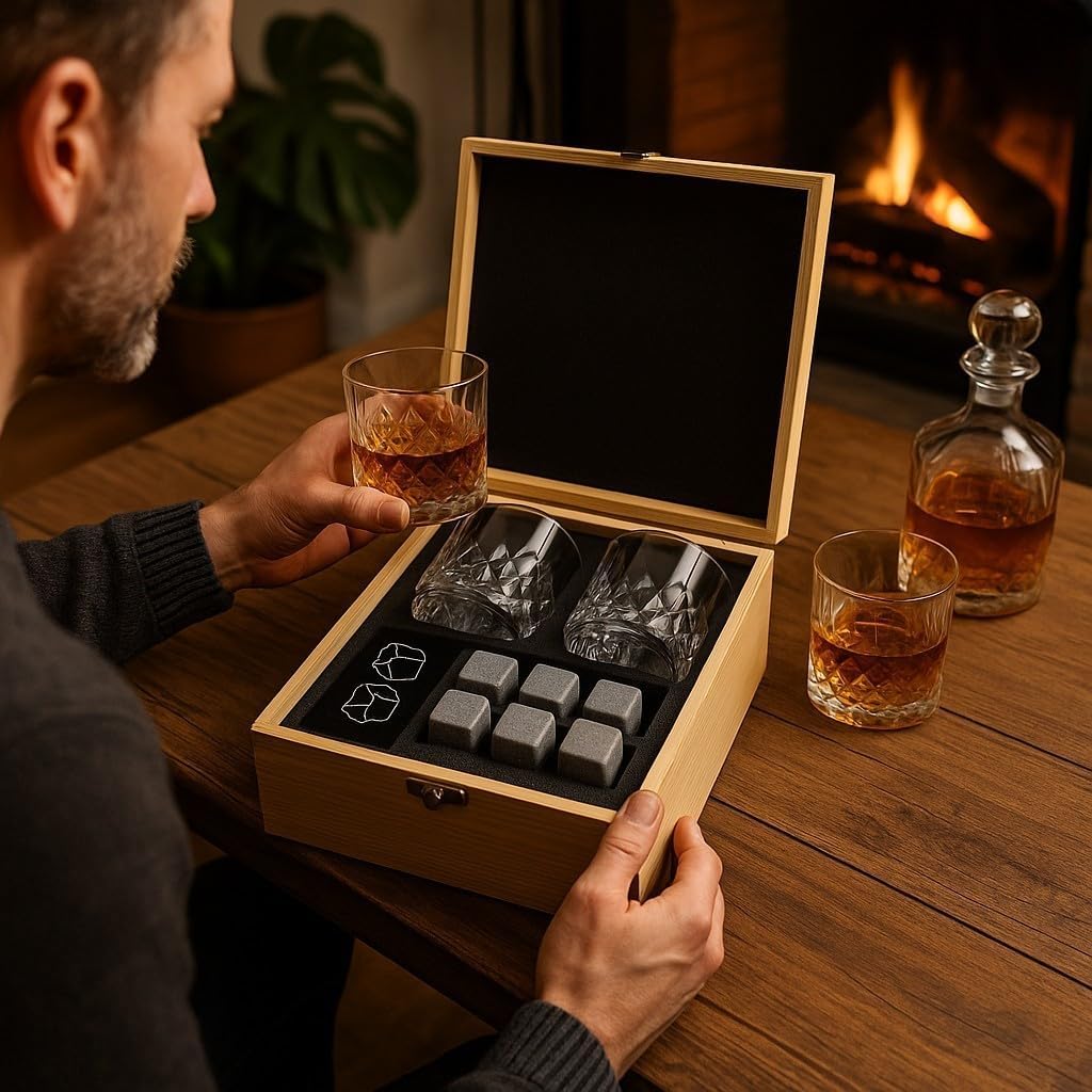 Premium Whiskey Stones Gift Set with 2 Crystal Glasses, Wooden Box, 8 Granite Chilling Rocks