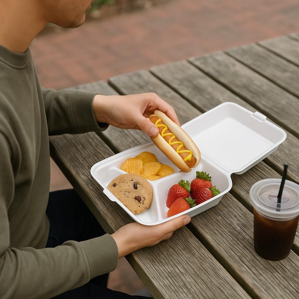 9-inch Foam Food Container, 3-Compartment Disposable Plates with U-Vent Style Lids, 100-Pack, Takeout Food Boxes for Meal Prep, Restaurant, Catering, To-Go Containers.