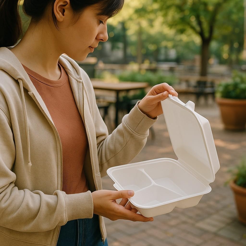 9-inch Foam Food Container, 3-Compartment Disposable Plates with U-Vent Style Lids, 100-Pack, Takeout Food Boxes for Meal Prep, Restaurant, Catering, To-Go Containers.