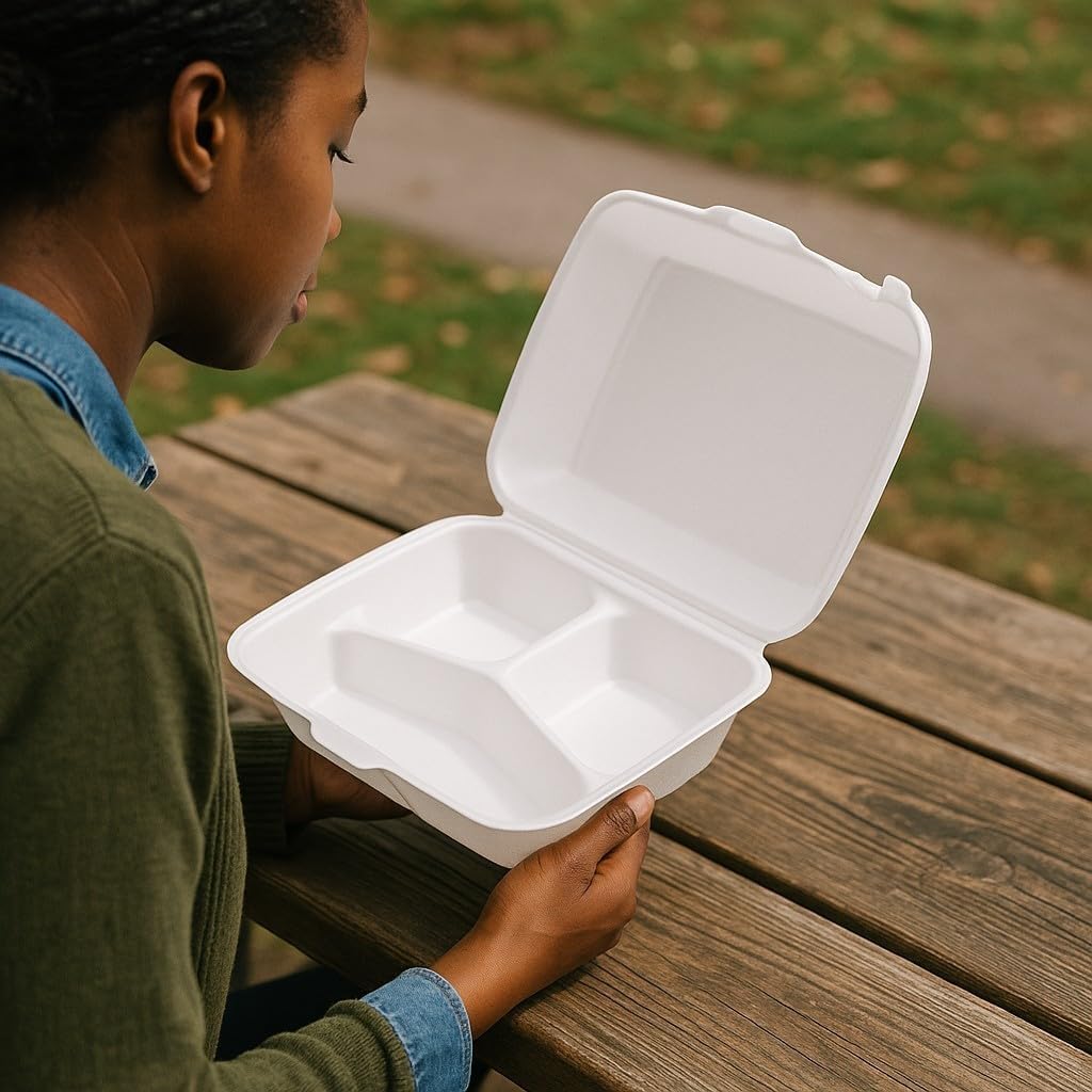 9-inch Foam Food Container, 3-Compartment Disposable Plates with U-Vent Style Lids, 100-Pack, Takeout Food Boxes for Meal Prep, Restaurant, Catering, To-Go Containers.