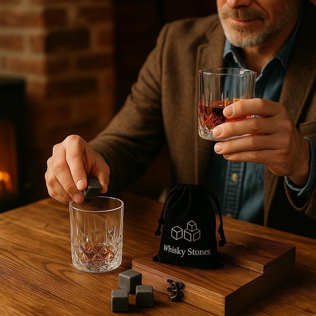 Premium Whiskey Stones Gift Set with 2 Crystal Glasses, Wooden Box, 8 Granite Chilling Rocks
