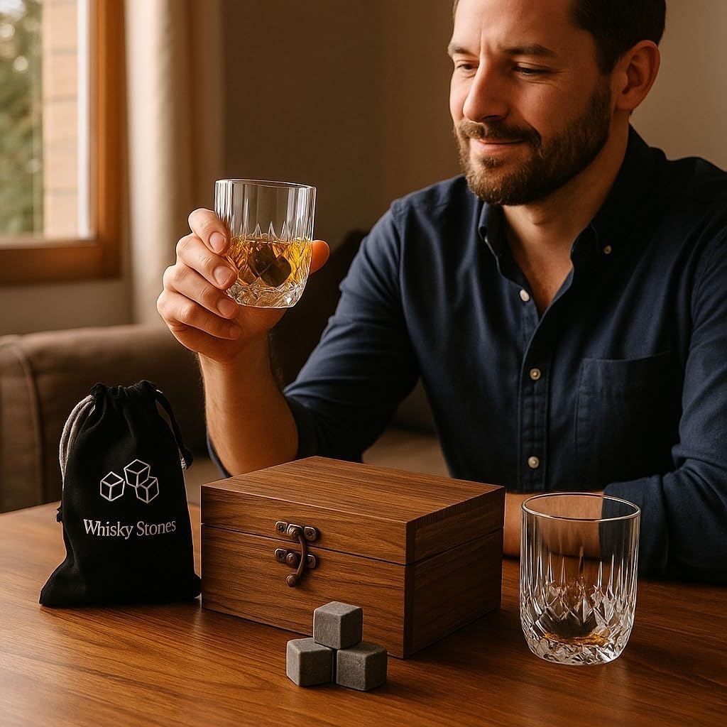 Premium Whiskey Stones Gift Set with 2 Crystal Glasses, Wooden Box, 8 Granite Chilling Rocks