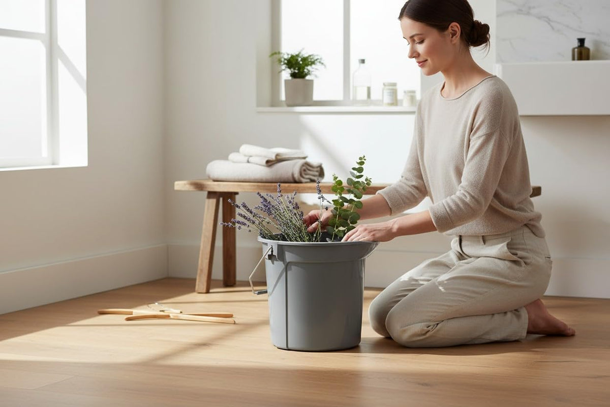 Gray utility bucket beside a person doing household chores