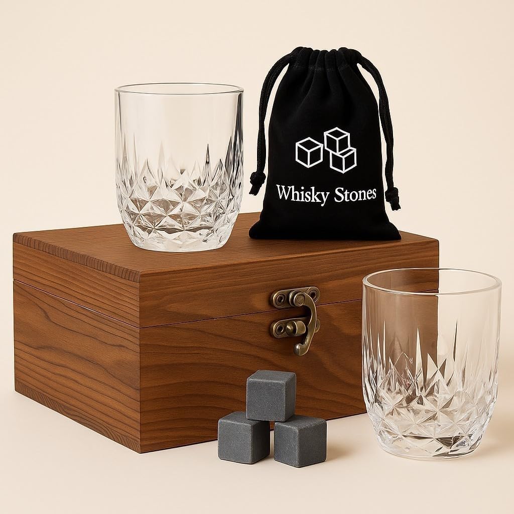 Premium Whiskey Stones Gift Set with 2 Crystal Glasses, Wooden Box, 8 Granite Chilling Rocks