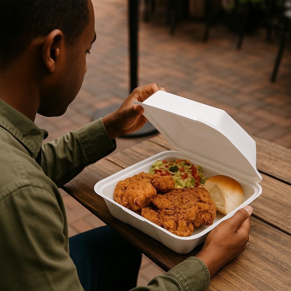 9-inch Foam Food Container, 3-Compartment Disposable Plates with U-Vent Style Lids, 100-Pack, Takeout Food Boxes for Meal Prep, Restaurant, Catering, To-Go Containers.