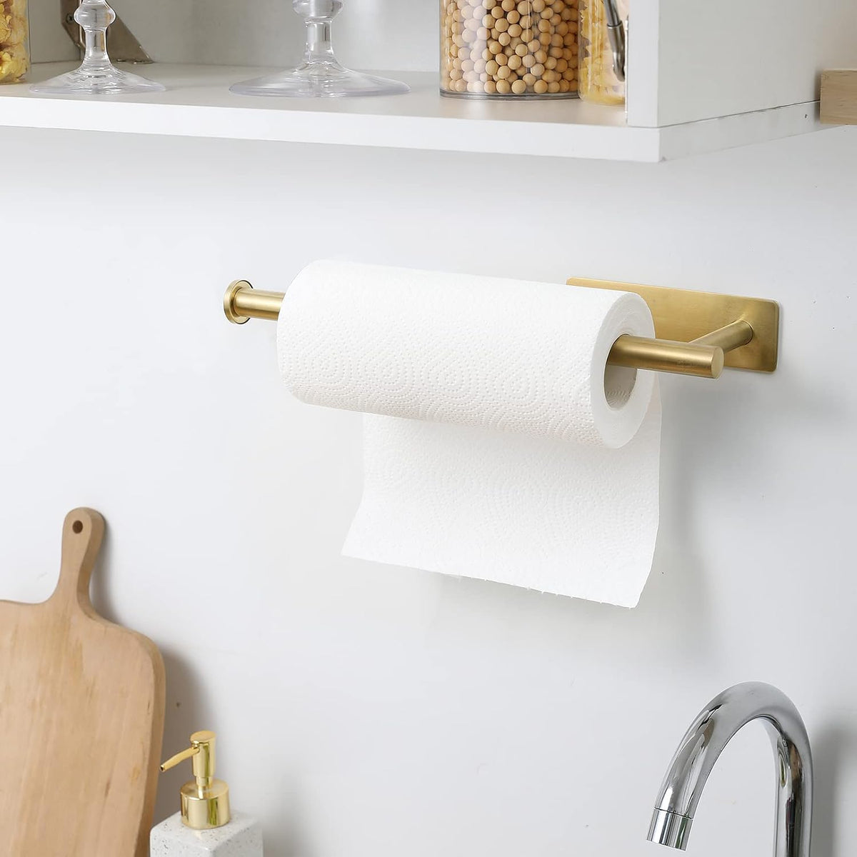 Under Cabinet Paper Towel Holder for Kitchen, Adhesive, Gold