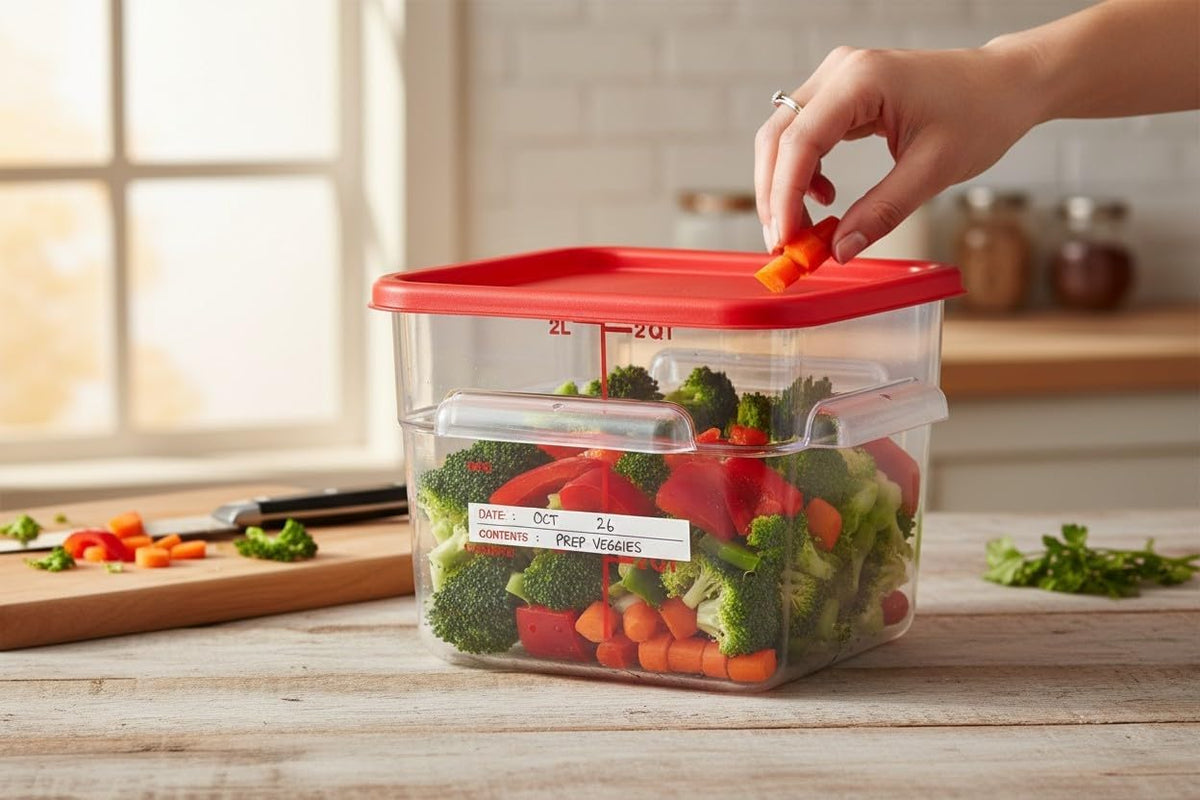 Clear Square Polycarbonate Food Storage Container with Red Lid, 6 Qt.