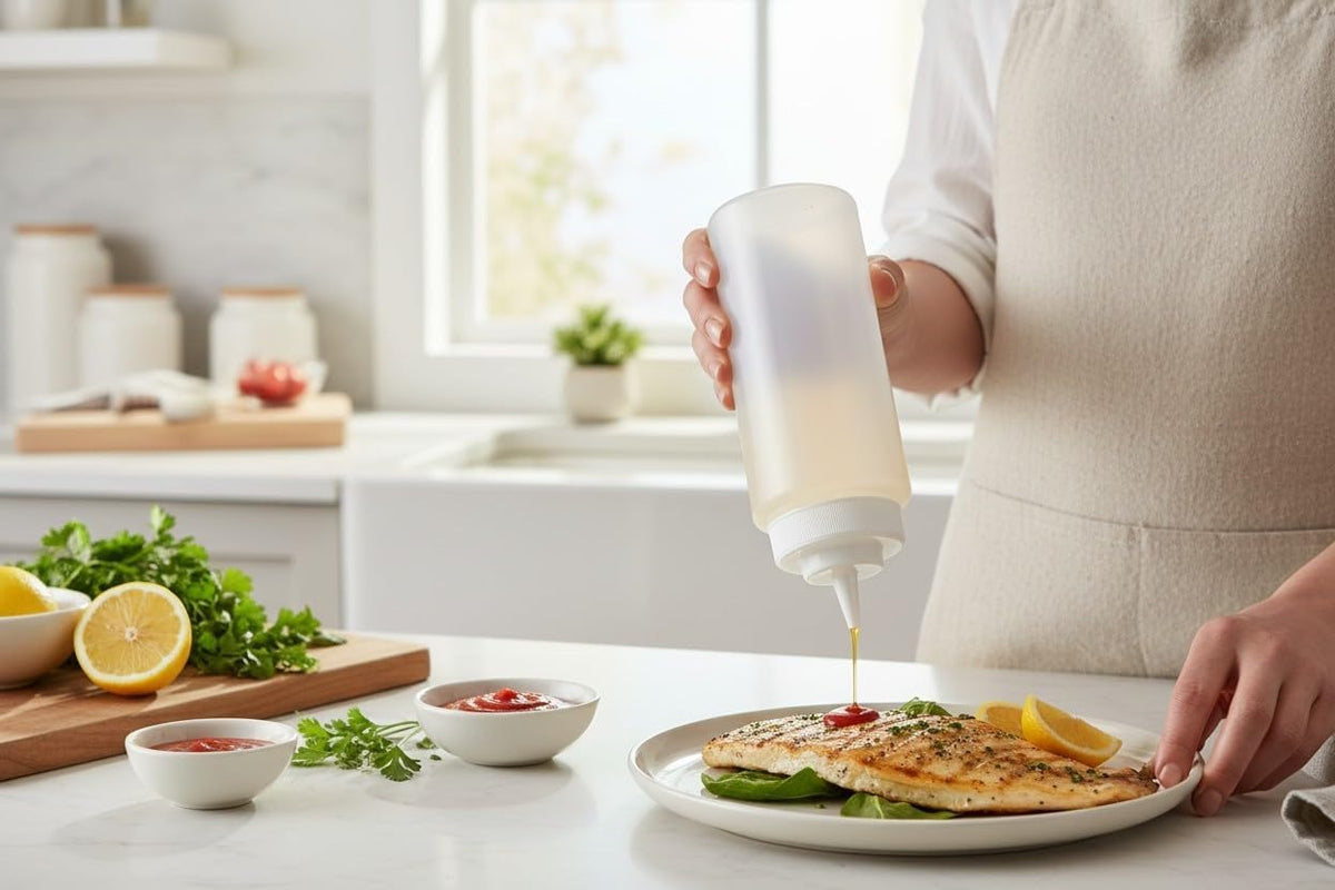 Hand squeezing sauce from a bottle onto food
