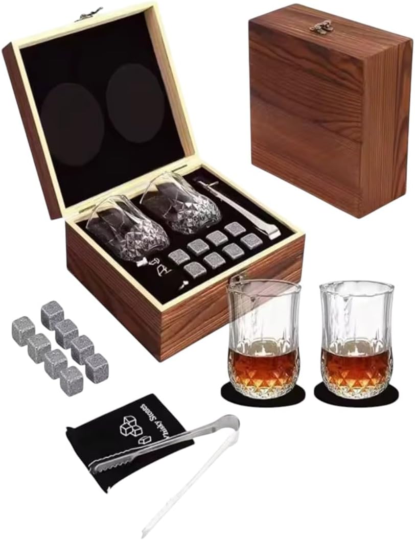 Premium Whiskey Stones Gift Set with 2 Crystal Glasses, Wooden Box, 8 Granite Chilling Rocks