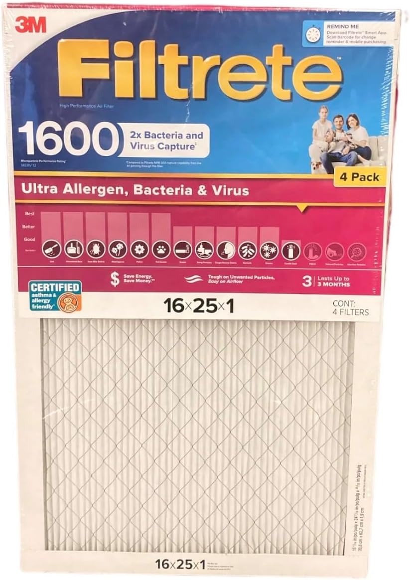 Filtrete Ultra Allergen 2X Bacteria & Virus Filter (1600 MPR), 25x16x1 (4 Pack)
