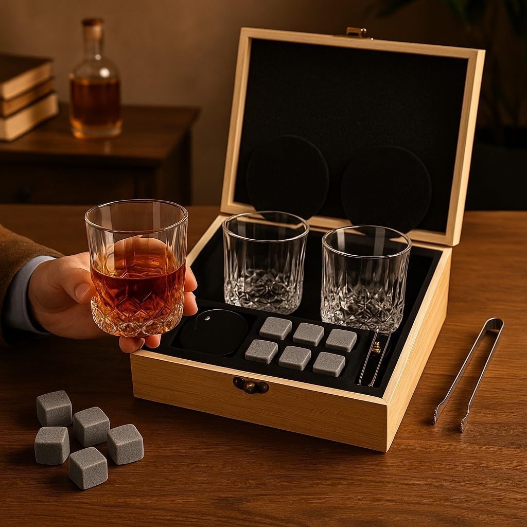 Premium Whiskey Stones Gift Set with 2 Crystal Glasses, Wooden Box, 8 Granite Chilling Rocks