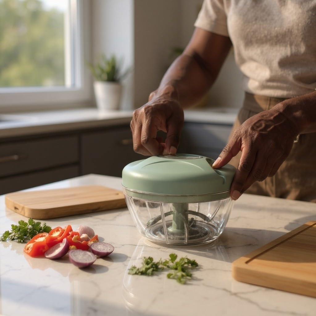 Manual Food Processor Vegetable Chopper, Portable Hand Pull String Garlic Mincer Onion Cutter for Veggies, Ginger, Fruits, Nuts, Herbs, etc., 500ml, Green