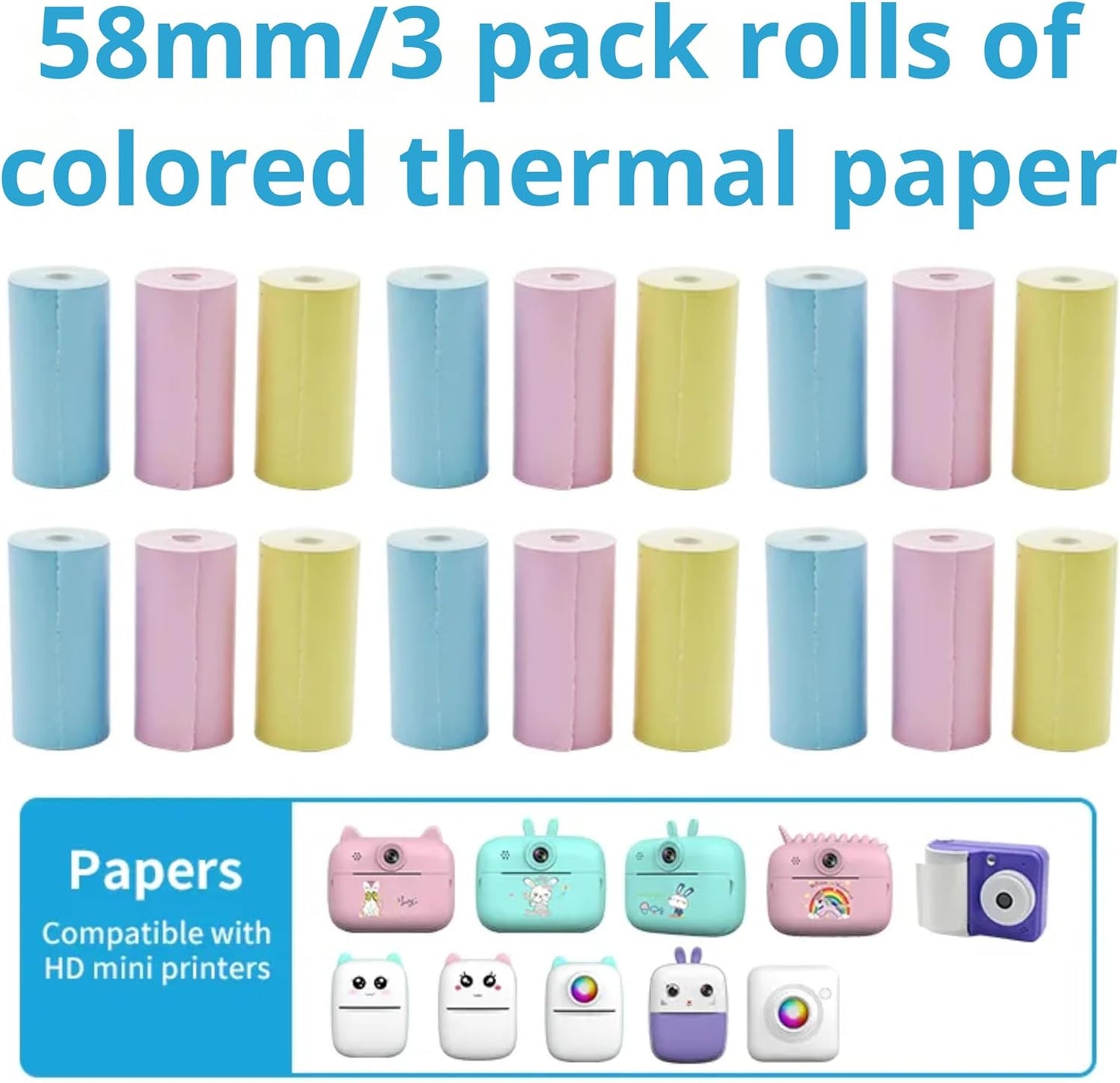 58mm Thermal Photo Paper Rolls – Compatible with Paperang & Peripage, Color Printing Paper for Mini Mobile Photo Printers, 3-Pack for Portable Inkless Printing.