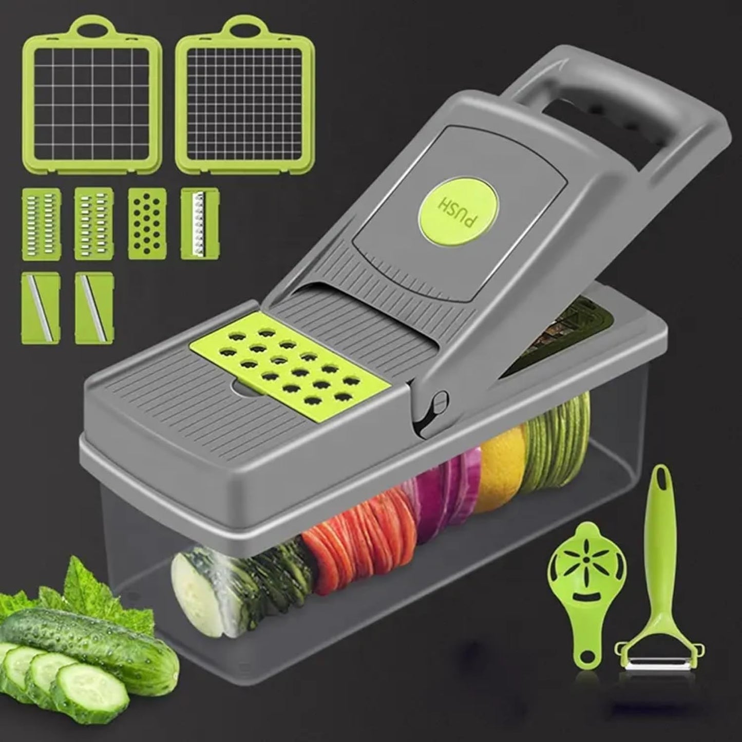15-in-1 Vegetable Chopper & Slicer with Garlic Grater – Multifunctional Food Cutter, Stainless Steel Blades, Veggie Dicer, Onion Chopper, Mandoline Slicer, Kitchen Gadgets.