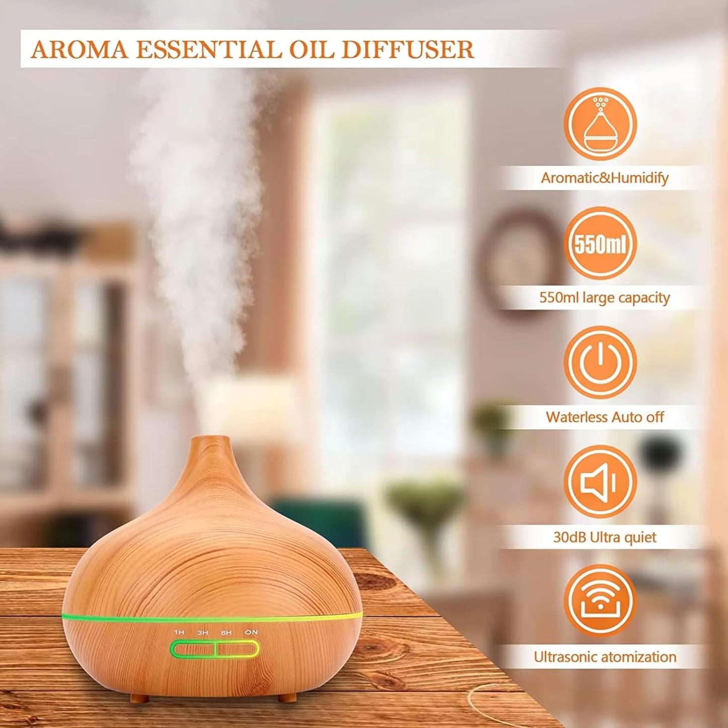 Fragrance Humidifier Essential Diffuser 200ml | Essential Oil Air Purifier | Wood Grain Ultrasonic Cool Mist | LED Light | Auto Shut-Off | Home, Office & Spa.
