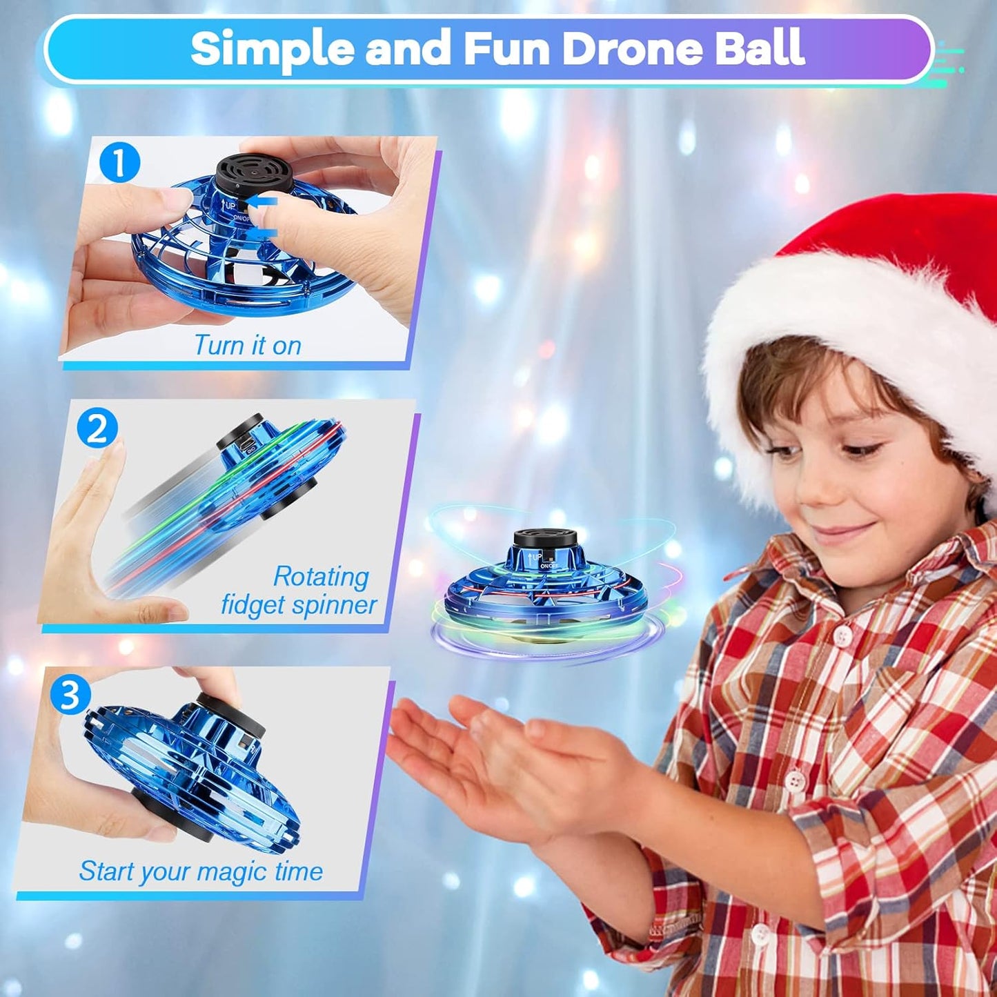 Hand Operated Mini Drone for Kids - LED UFO Flying Orb Ball, Rechargeable Mini Fidget Spinner Toy for Indoor Outdoor,Christmas Birthday Party Gifts..