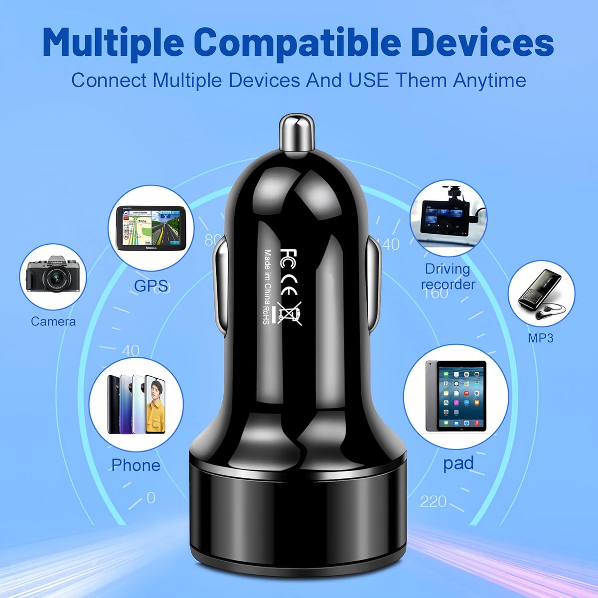 Illustration of devices and vehicles for the USB car charger