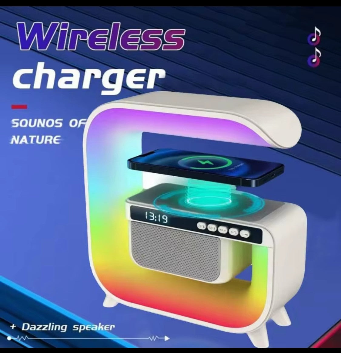 2025 New Wireless Speaker Charger, Atmosphere Bedside Light with Wireless Charging Station,Music Lit Lamp 4 in 5 Alarm Clock Gifts Idea for Family