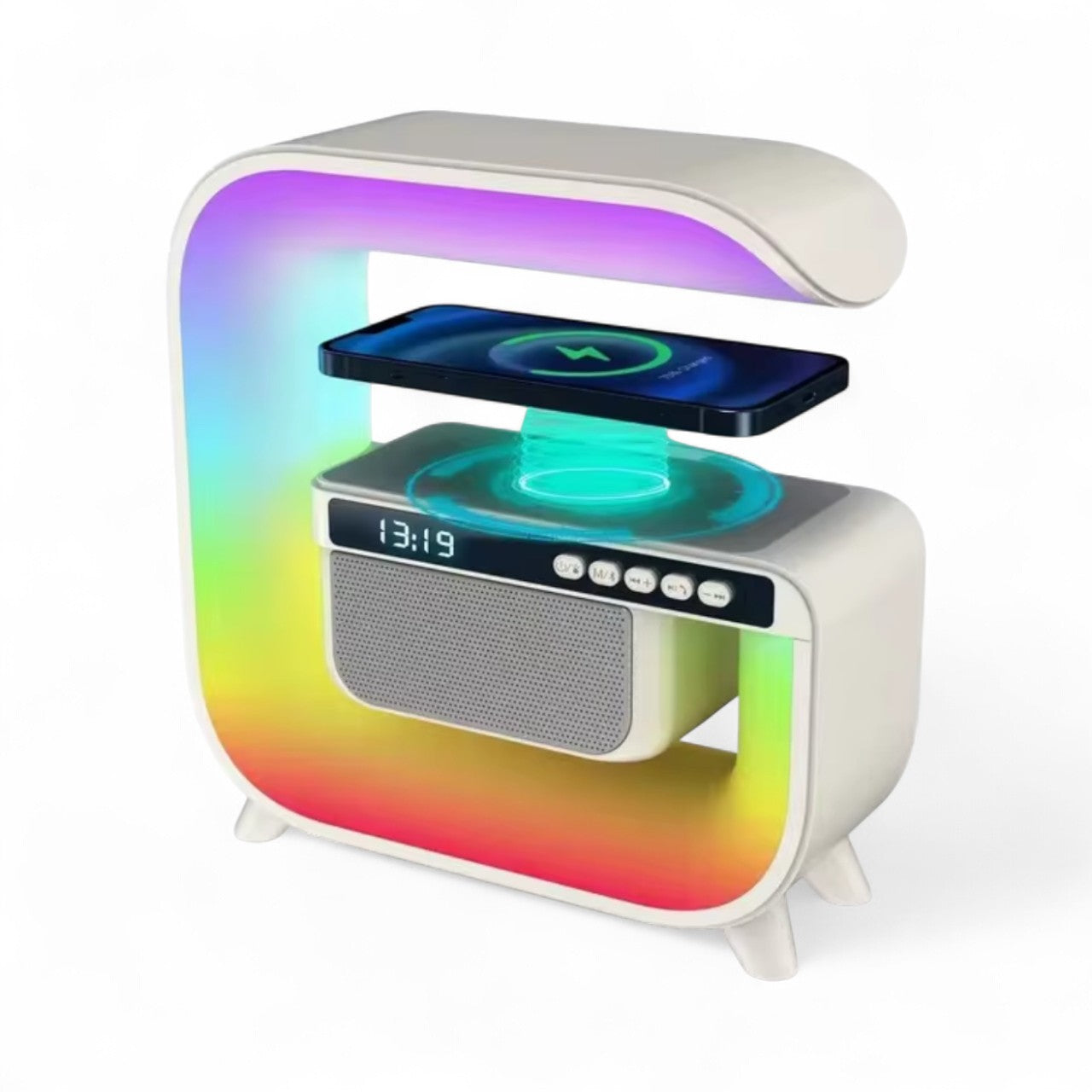 2025 New Wireless Speaker Charger, Atmosphere Bedside Light with Wireless Charging Station,Music Lit Lamp 4 in 5 Alarm Clock Gifts Idea for Family