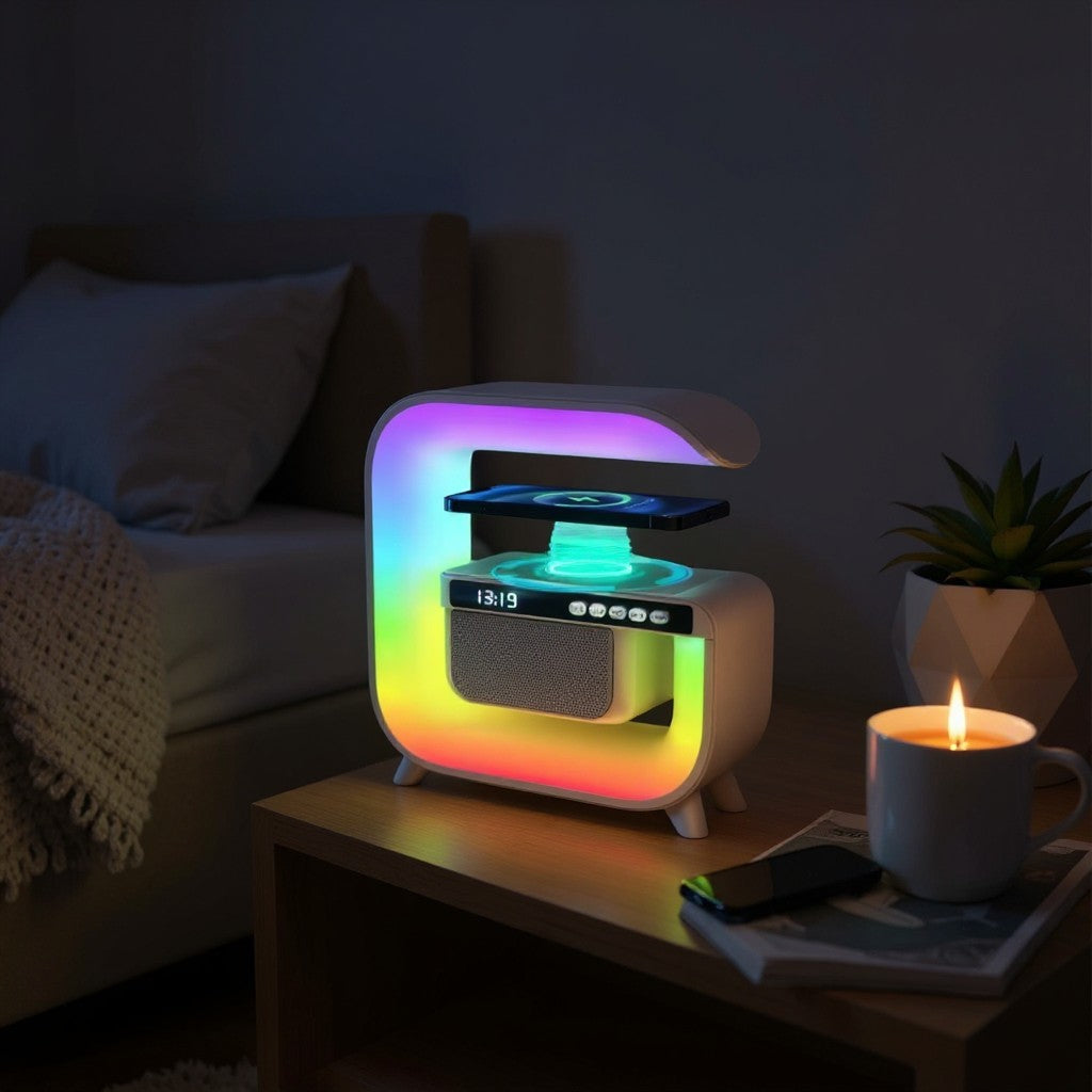 2025 New Wireless Speaker Charger, Atmosphere Bedside Light with Wireless Charging Station,Music Lit Lamp 4 in 5 Alarm Clock Gifts Idea for Family