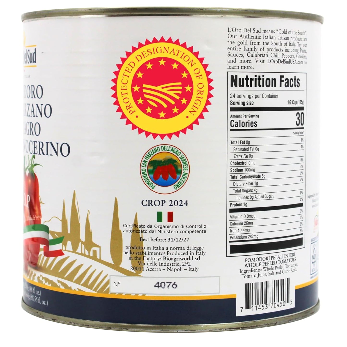 L'Oro Del Sud, D.O.P San Marzano Tomatoes of Agro Sarnese-Nocerino Area, (88 fl. oz) 2550g