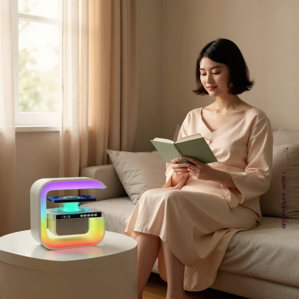 2025 New Wireless Speaker Charger, Atmosphere Bedside Light with Wireless Charging Station,Music Lit Lamp 4 in 5 Alarm Clock Gifts Idea for Family