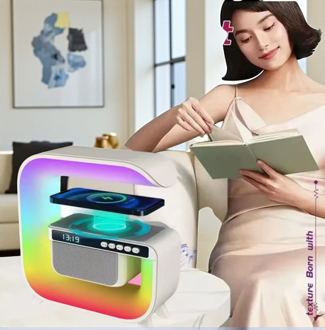 2025 New Wireless Speaker Charger, Atmosphere Bedside Light with Wireless Charging Station,Music Lit Lamp 4 in 5 Alarm Clock Gifts Idea for Family