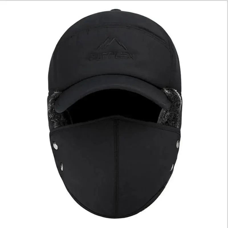 Winter Thermal Black Hat Fashion Ear Protection Face Windproof Adjustable Ski Cap Thicken Outdoor Hat