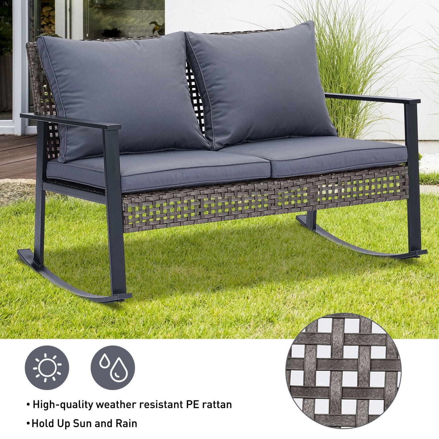 Ainfox Outdoor Patio Furniture Rocking Loveseat, Wicker Rattan Sofa