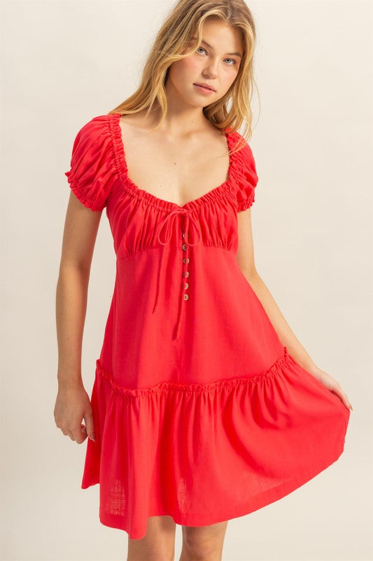 New Summer Ruched Frill Tiered Short Sleeve Mini Dress For Women – Playful, Sexy and Flirty Ruffled Mini Dress with Textured Ruched Detail