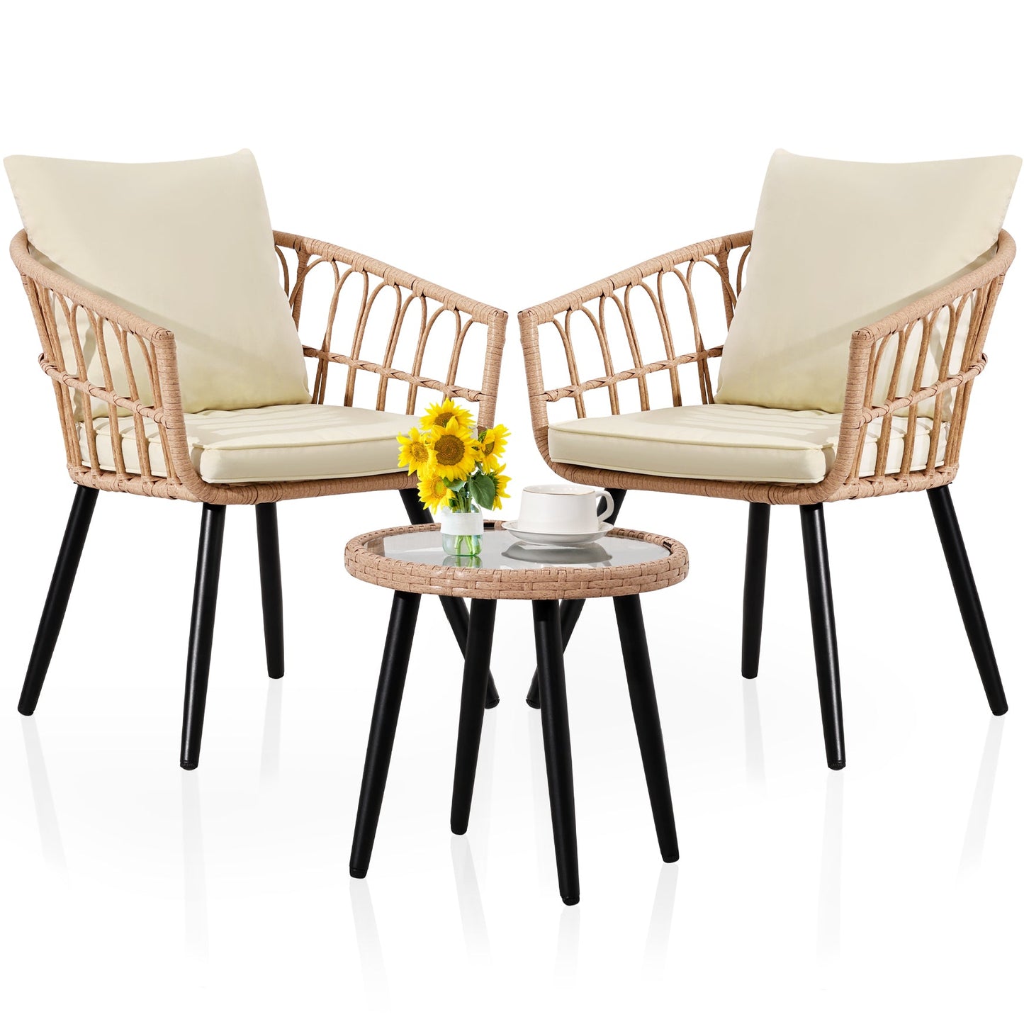 Ainfox 3 PCS Wicker Sofa Patio Bistro Set, Patio Furniture with Glass Top Table and Cushions