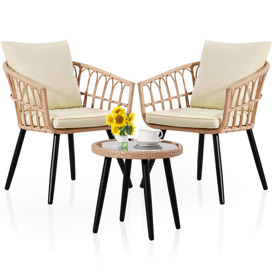 Ainfox 3 PCS Wicker Sofa Patio Bistro Set, Patio Furniture with Glass Top Table and Cushions
