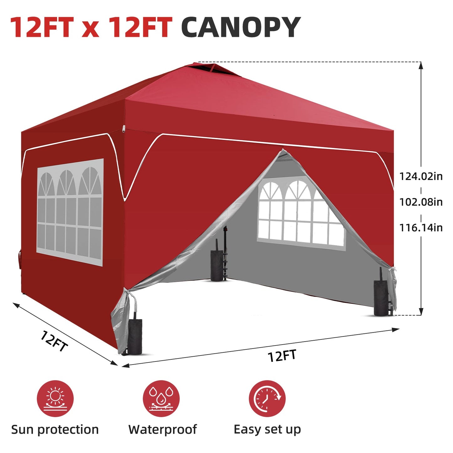 Ainfox 12ftx12ft Pop Up Canopy Tent with 4 Sidewalls One Push Tent Canopy with Wheeled Carry Bag, 8 Stakes and 4 Ropes