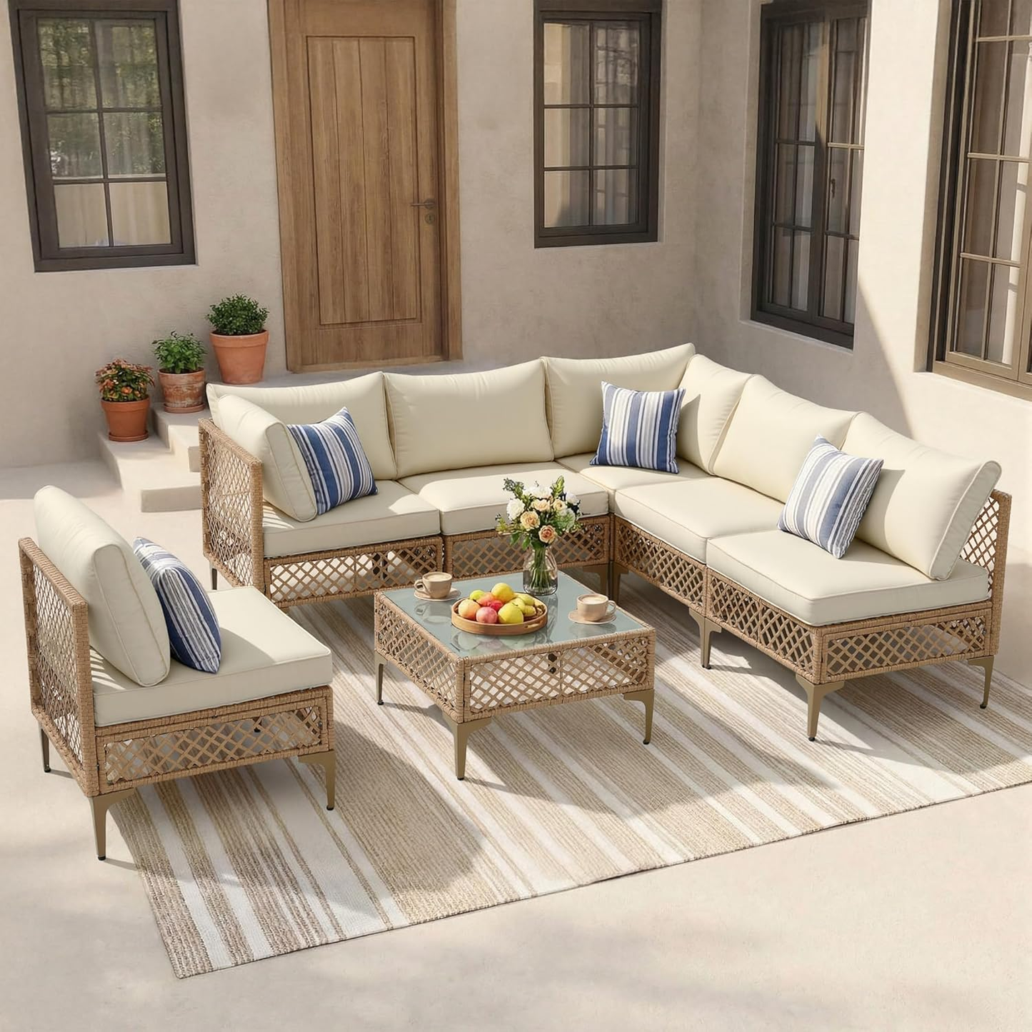 Ainfox 7 Pieces Outdoor Wicker Modular Patio Sectional Set with Thick Cushions & Tempered Glass Table