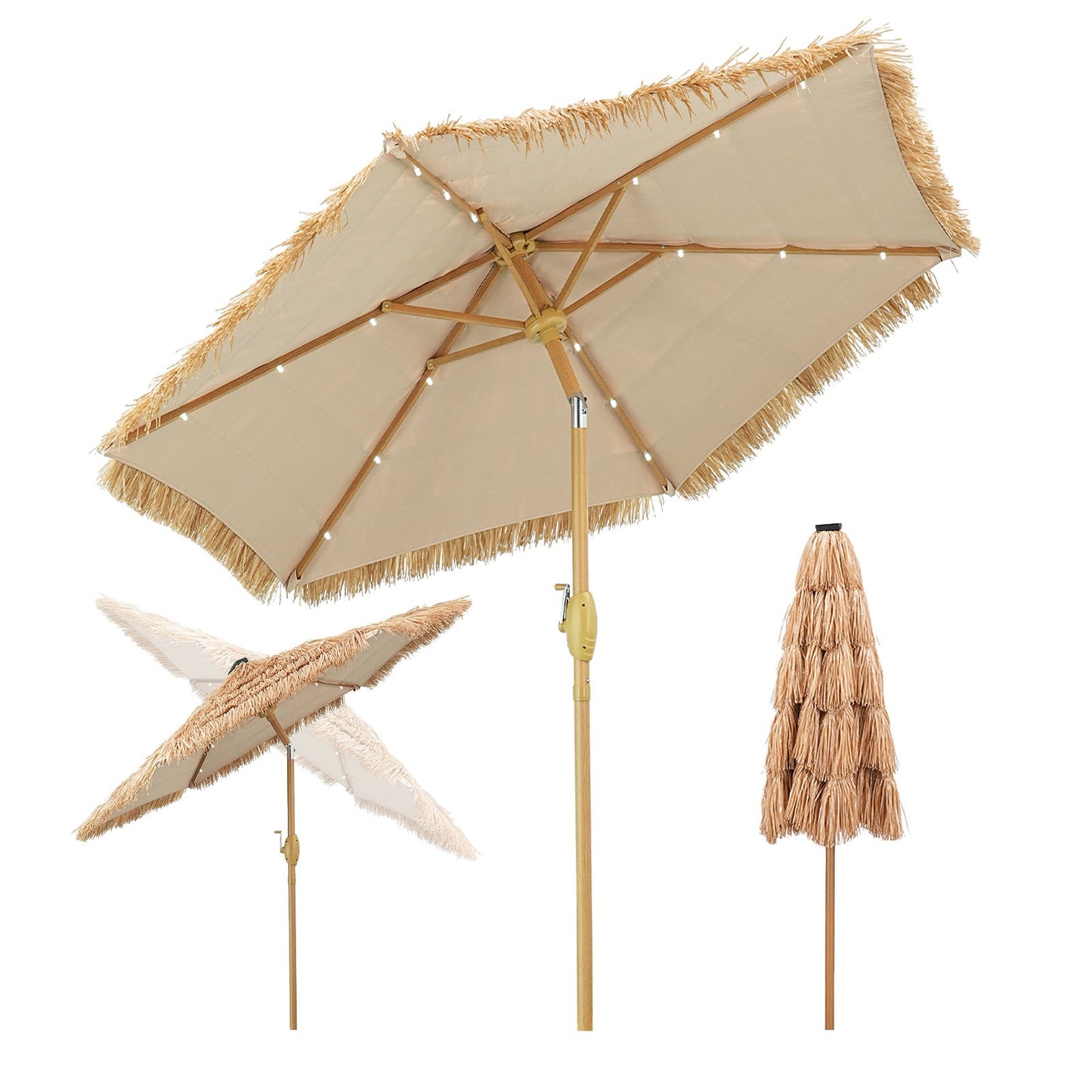Ainfox 7.5ft Hula Thatched Tiki Umbrella with 18 Solar LED Lights, 6 Ribs, Push Button Tilt (No Base)
