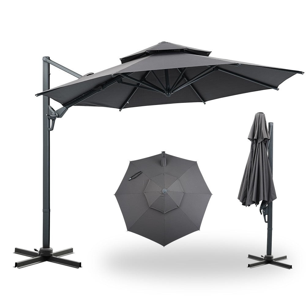 Ainfox 10ft Double Top Heavy-Duty Patio Cantilever Umbrella with Cross Base,5-Year-Non-Fading Outdoor Large Offset Hanging Aluminum Rotation Sun Shade Umbrella with 360°Rotation Adjustable