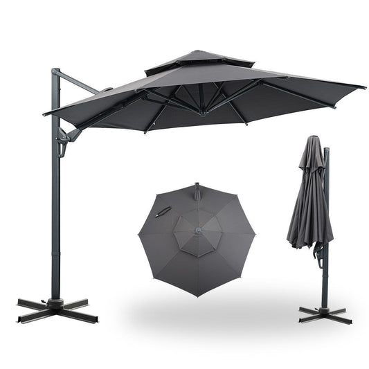 Ainfox 10ft Double Top Heavy-Duty Patio Cantilever Umbrella with Cross Base,5-Year-Non-Fading Outdoor Large Offset Hanging Aluminum Rotation Sun Shade Umbrella with 360°Rotation Adjustable